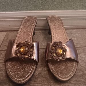 Metallic Rose Gold Women's Slide Heels with Gem Accent